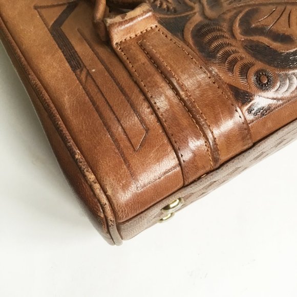 Vintage Avelar's Hand Tooled Floral Leather Handbag Bag Purse - Picture 8 of 13